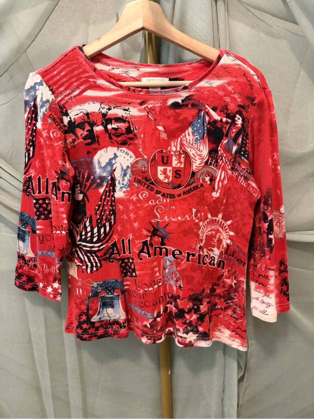 Christopher & Banks Red “Lady Liberty” Patriotic Print Top